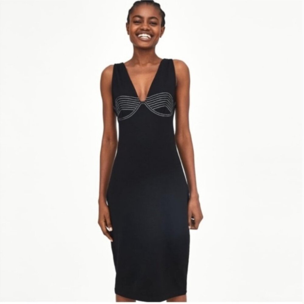 Zara Trafaluc Black Pencil Dress with Contrasting Stitching Size S